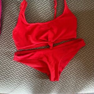Red Ribbed Knot-Front Bikini Set